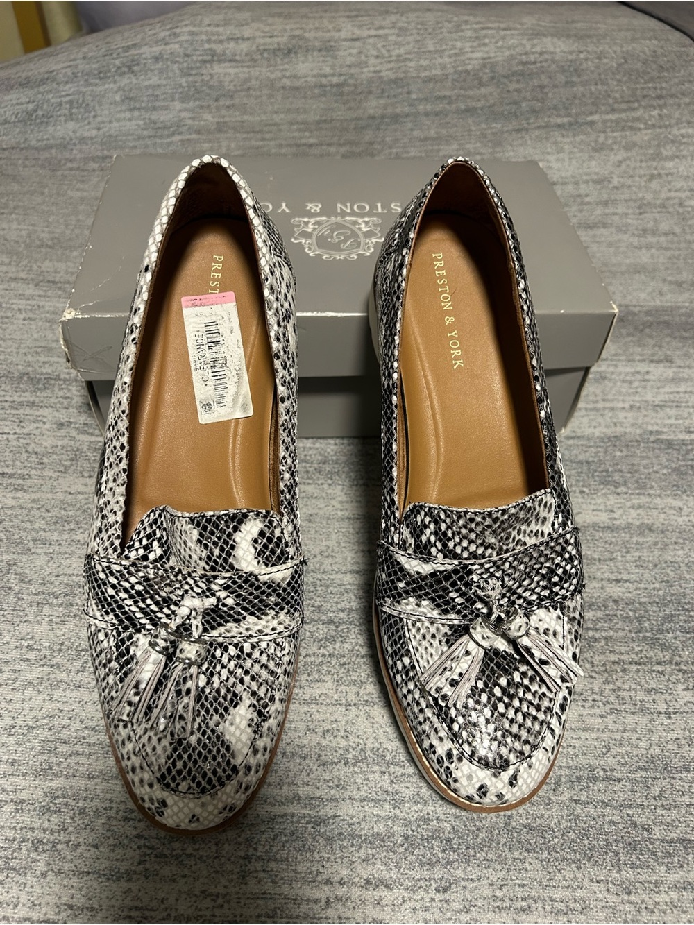 Preston & York Black and White Snake-Print Tassel Loafers
